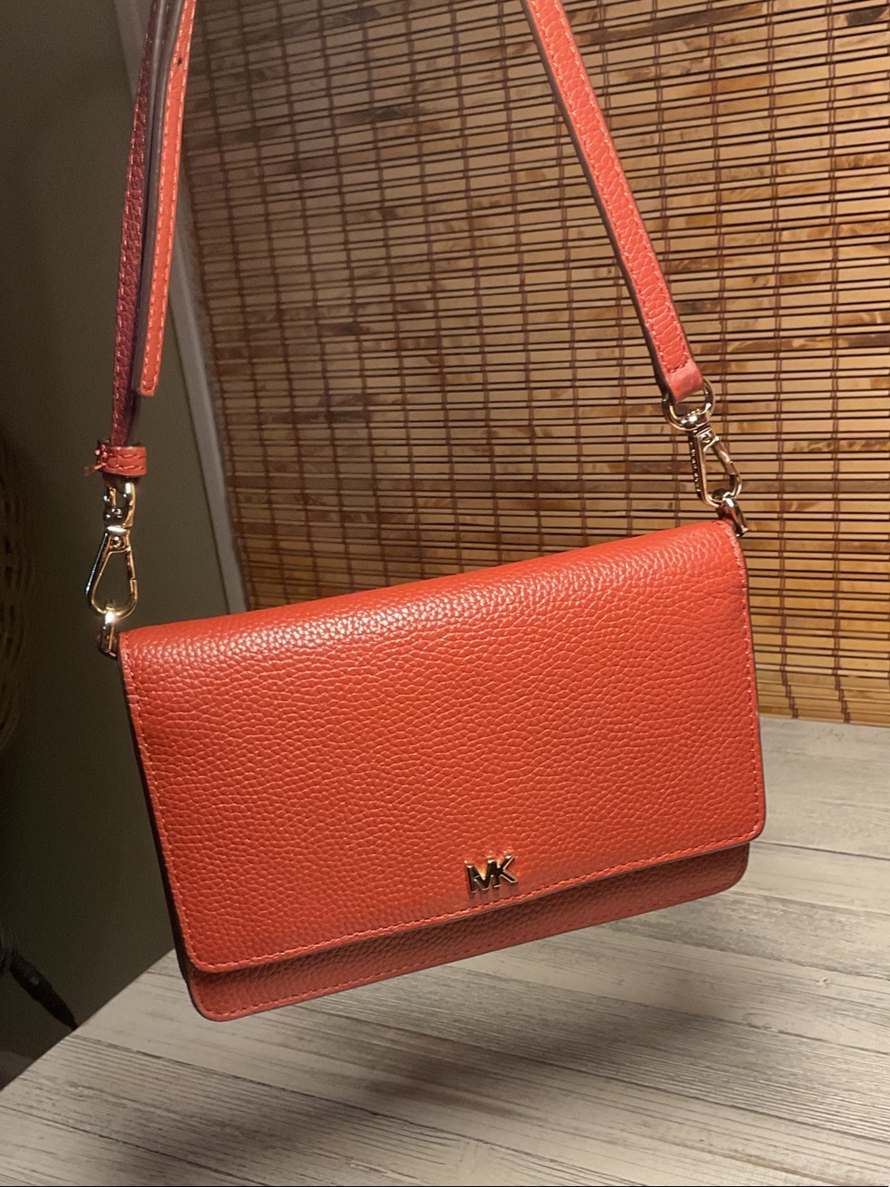 Michael Kors Mott Pebble Leather Phone Crossbody Wallet Terracotta Red